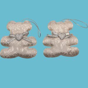 White Brocade Valentine Ornaments Teddy Bear Heart Baby Shower Lot 2